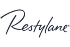 شعار Restylane® من غالديرما الذي تم تصميمه في يناير 2024 ليشمل شكلًا رماديًا على خلفية زرقاء